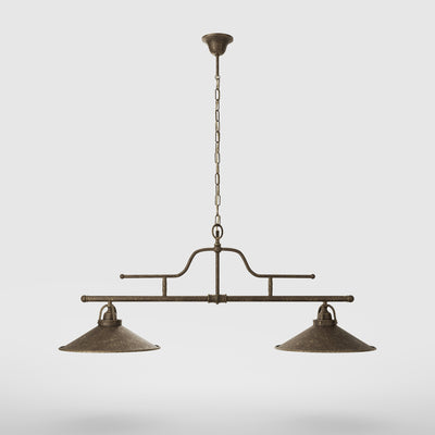 Vintage brass pendant lamp with two conical shades and chain, adjustable horizontal structure for tables and kitchen islands by Ghidini 1849 - Finish: OAS Antique Brass