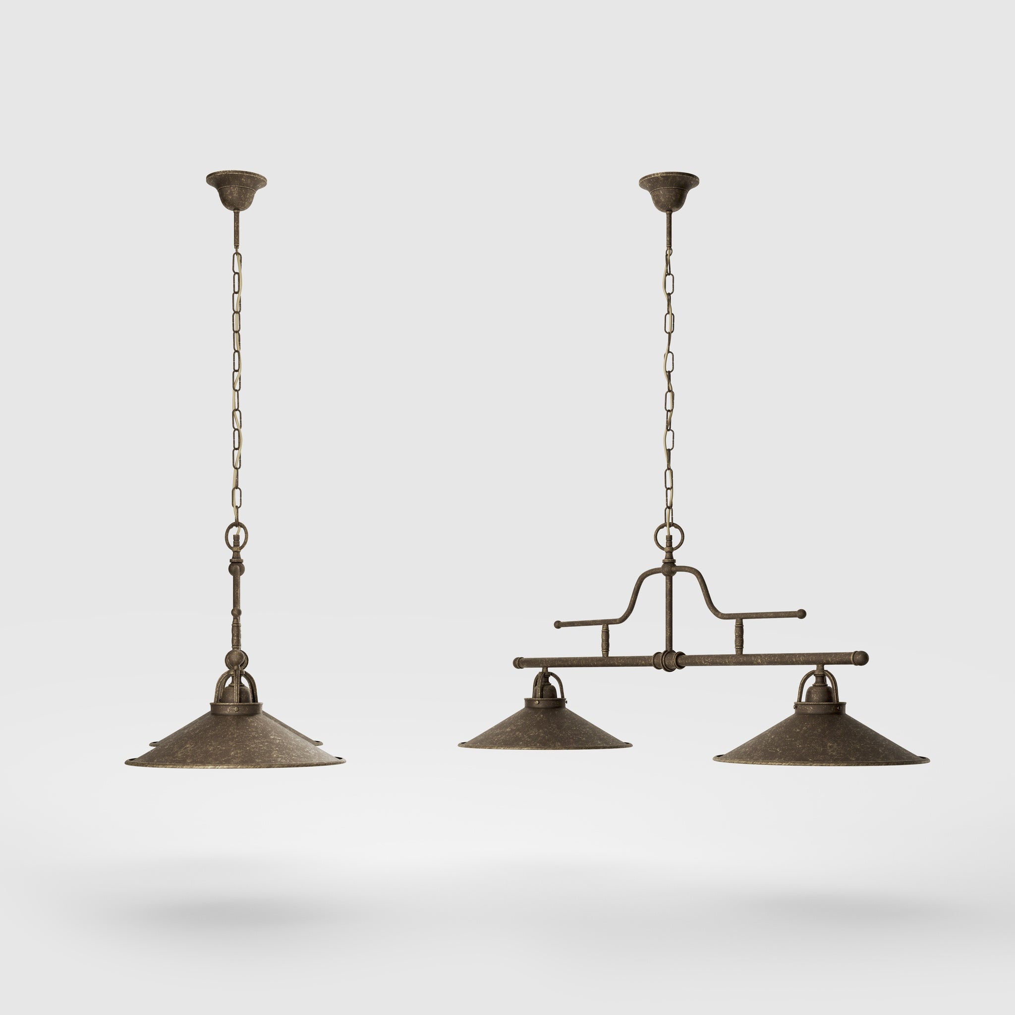 Vintage brass pendant lamp with two conical shades and chain, adjustable horizontal structure for tables and kitchen islands by Ghidini 1849 - Finish: OAS Antique Brass