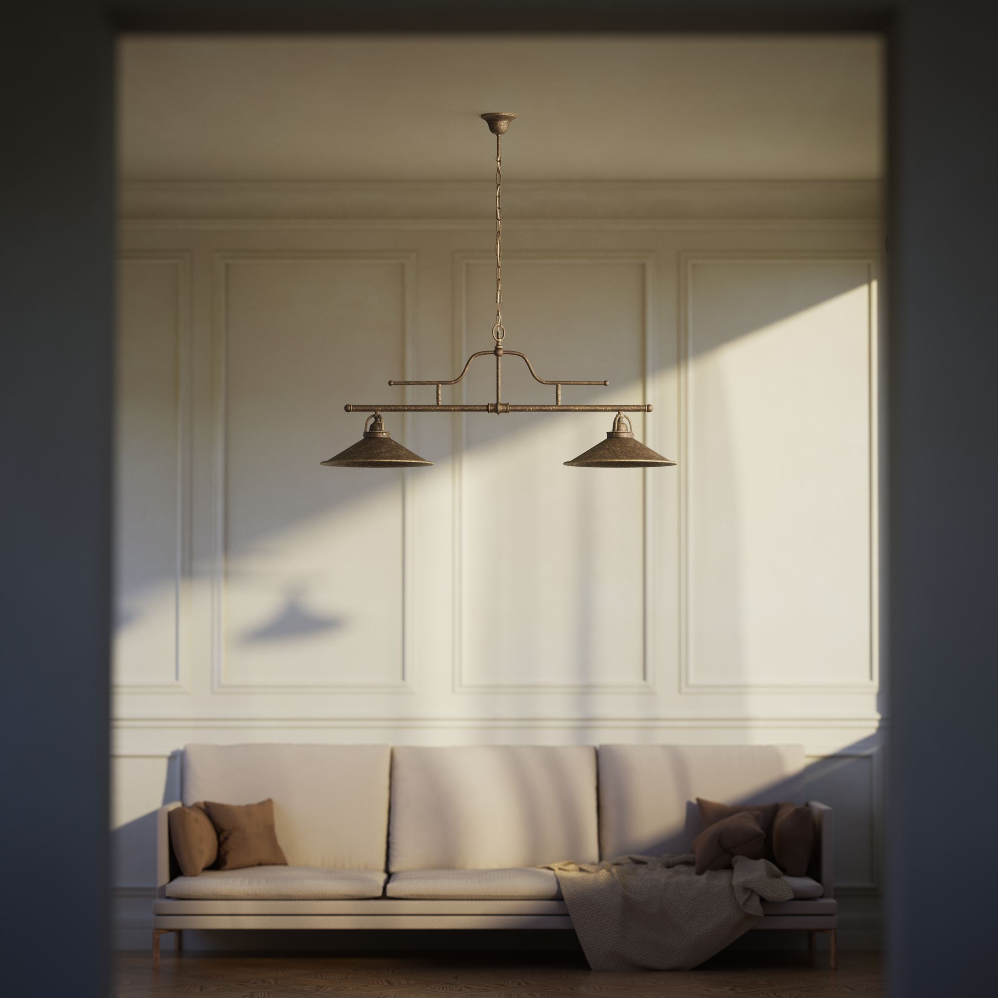 Vintage brass pendant lamp with two conical shades and chain, adjustable horizontal structure for tables and kitchen islands by Ghidini 1849 - Finish: OAS Antique Brass