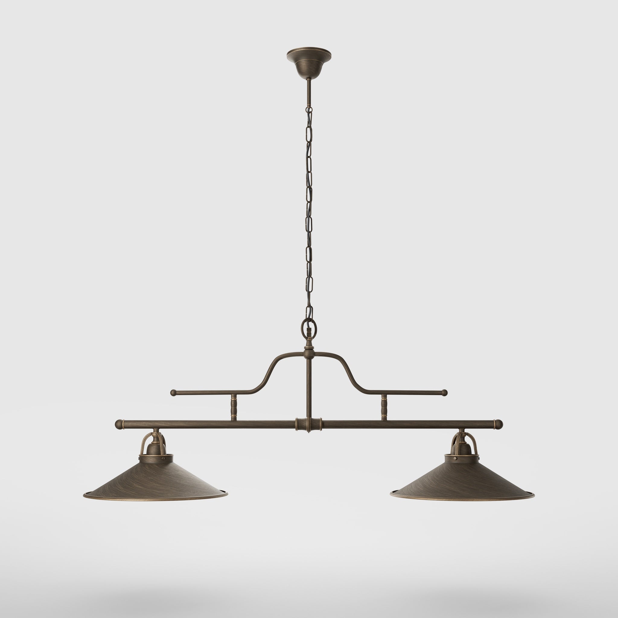 Vintage brass pendant lamp with two conical shades and chain, adjustable horizontal structure for tables and kitchen islands by Ghidini 1849 - Finish: OBM Bronze Satin Matt Brass