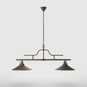 Vintage brass pendant lamp with two conical shades and chain, adjustable horizontal structure for tables and kitchen islands by Ghidini 1849 - Finish: OBM Bronze Satin Matt Brass