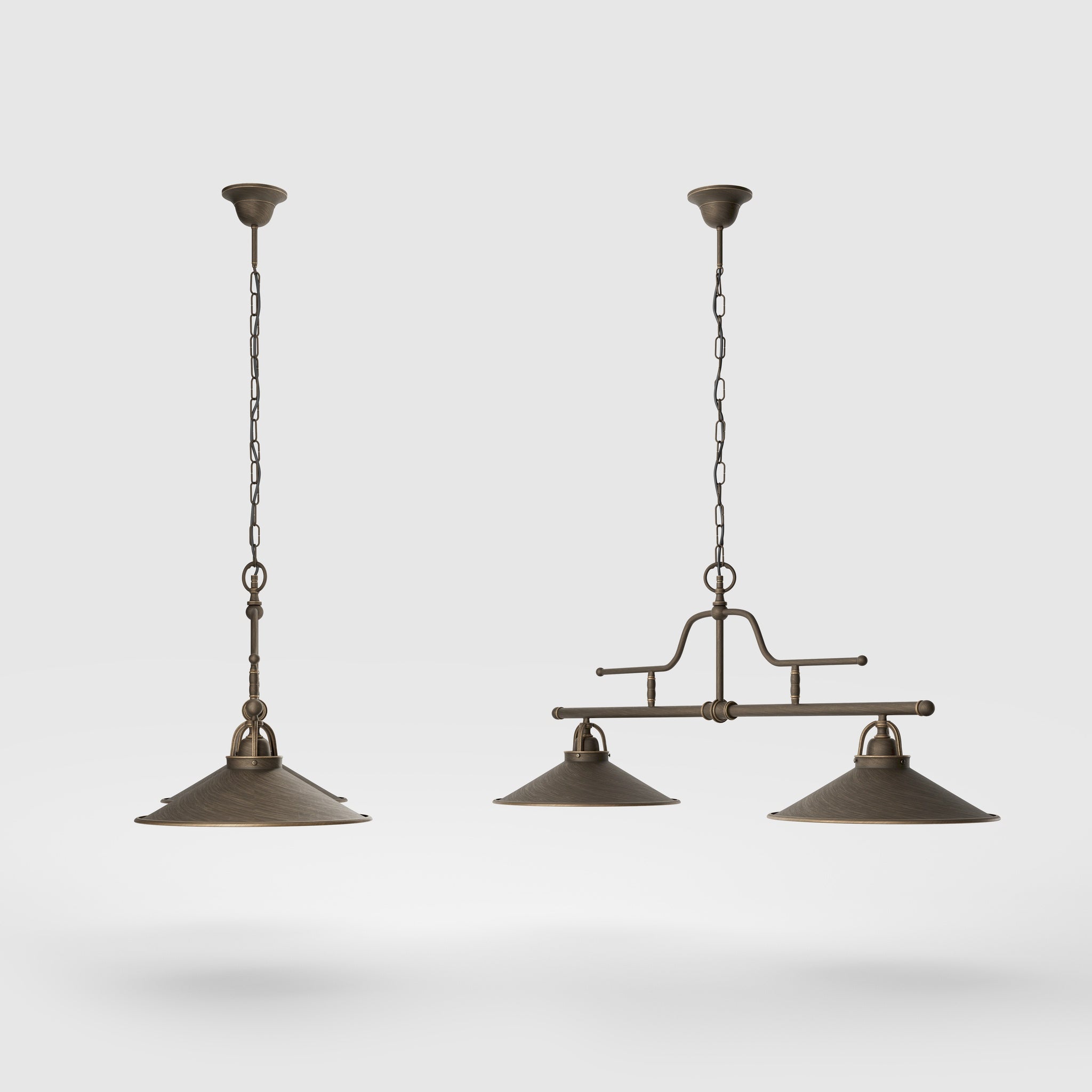 Vintage brass pendant lamp with two conical shades and chain, adjustable horizontal structure for tables and kitchen islands by Ghidini 1849 - Finish: OBM Bronze Satin Matt Brass