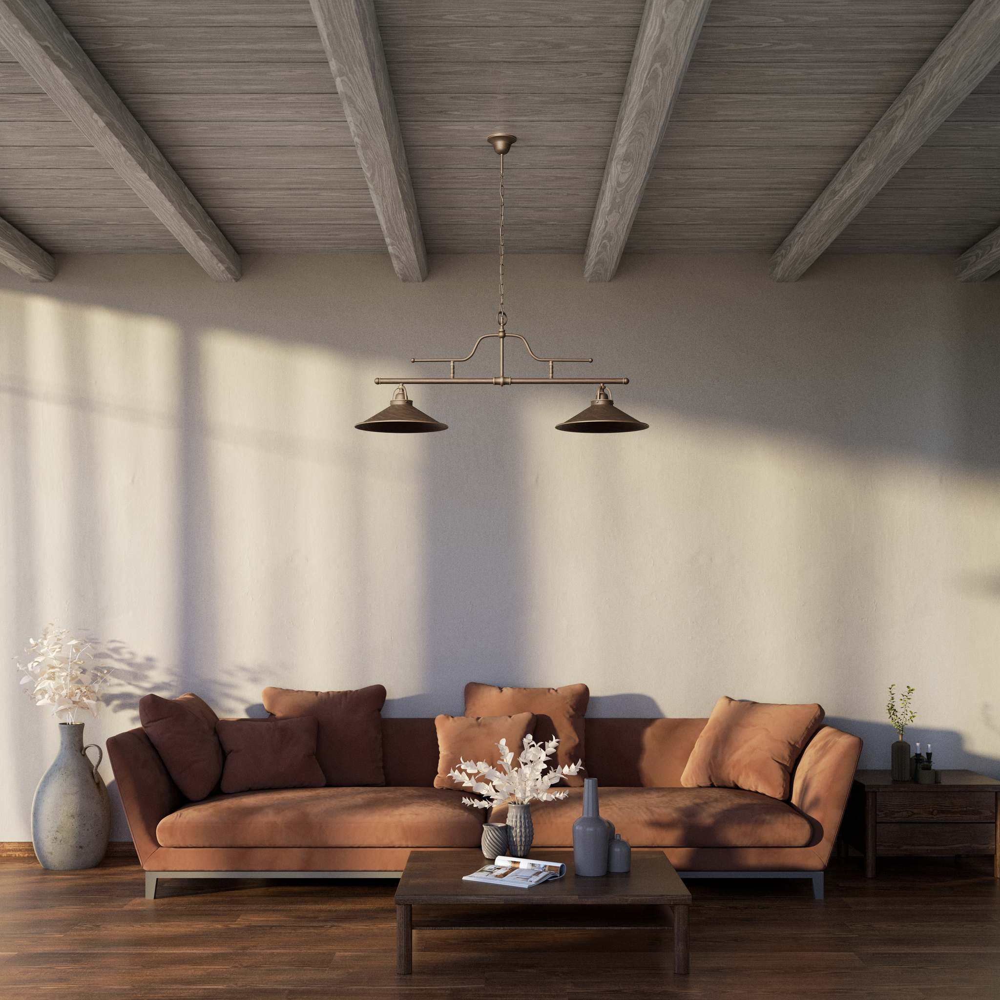 Vintage brass pendant lamp with two conical shades and chain, adjustable horizontal structure for tables and kitchen islands by Ghidini 1849 - Finish: OBM Bronze Satin Matt Brass