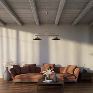 Vintage brass pendant lamp with two conical shades and chain, adjustable horizontal structure for tables and kitchen islands by Ghidini 1849 - Finish: OBM Bronze Satin Matt Brass