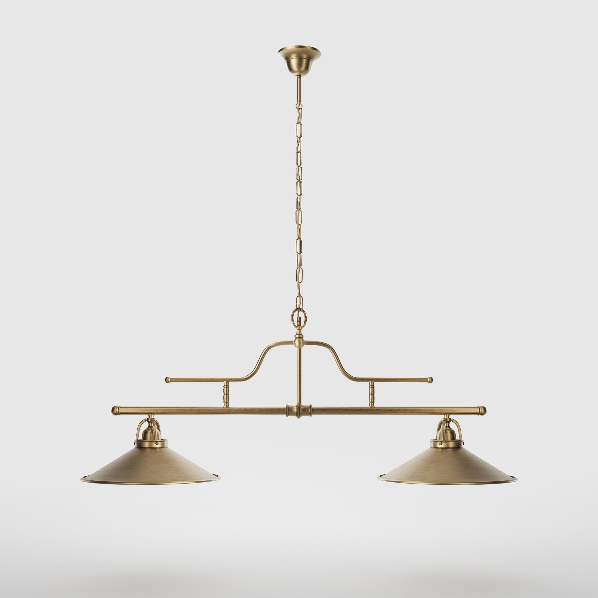 Vintage brass pendant lamp with two conical shades and chain, adjustable horizontal structure for tables and kitchen islands by Ghidini 1849 - Finish: OBS Bronze Satin Brass