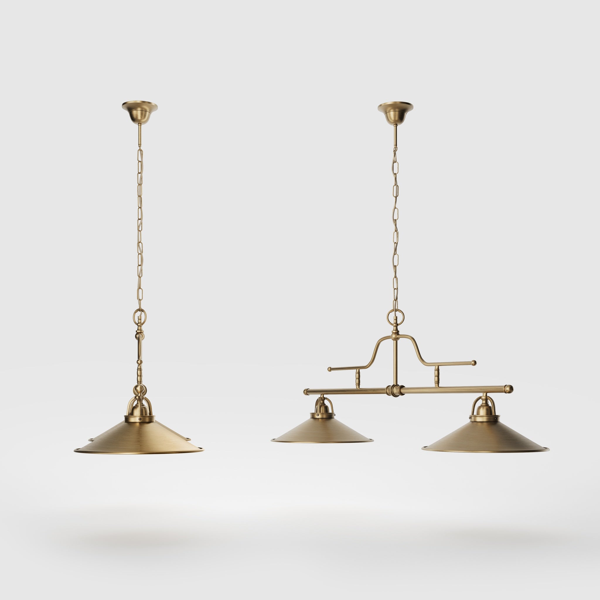 Vintage brass pendant lamp with two conical shades and chain, adjustable horizontal structure for tables and kitchen islands by Ghidini 1849 - Finish: OBS Bronze Satin Brass