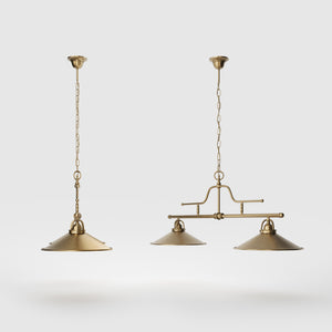 Vintage brass pendant lamp with two conical shades and chain, adjustable horizontal structure for tables and kitchen islands by Ghidini 1849 - Finish: OBS Bronze Satin Brass