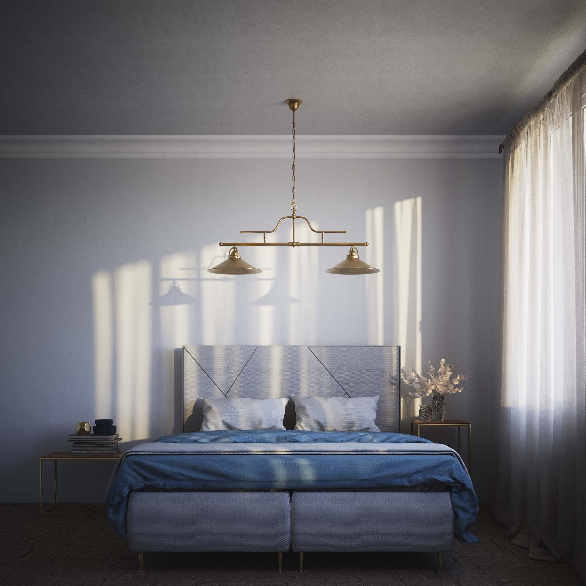 Vintage brass pendant lamp with two conical shades and chain, adjustable horizontal structure for tables and kitchen islands by Ghidini 1849 - Finish: OBS Bronze Satin Brass