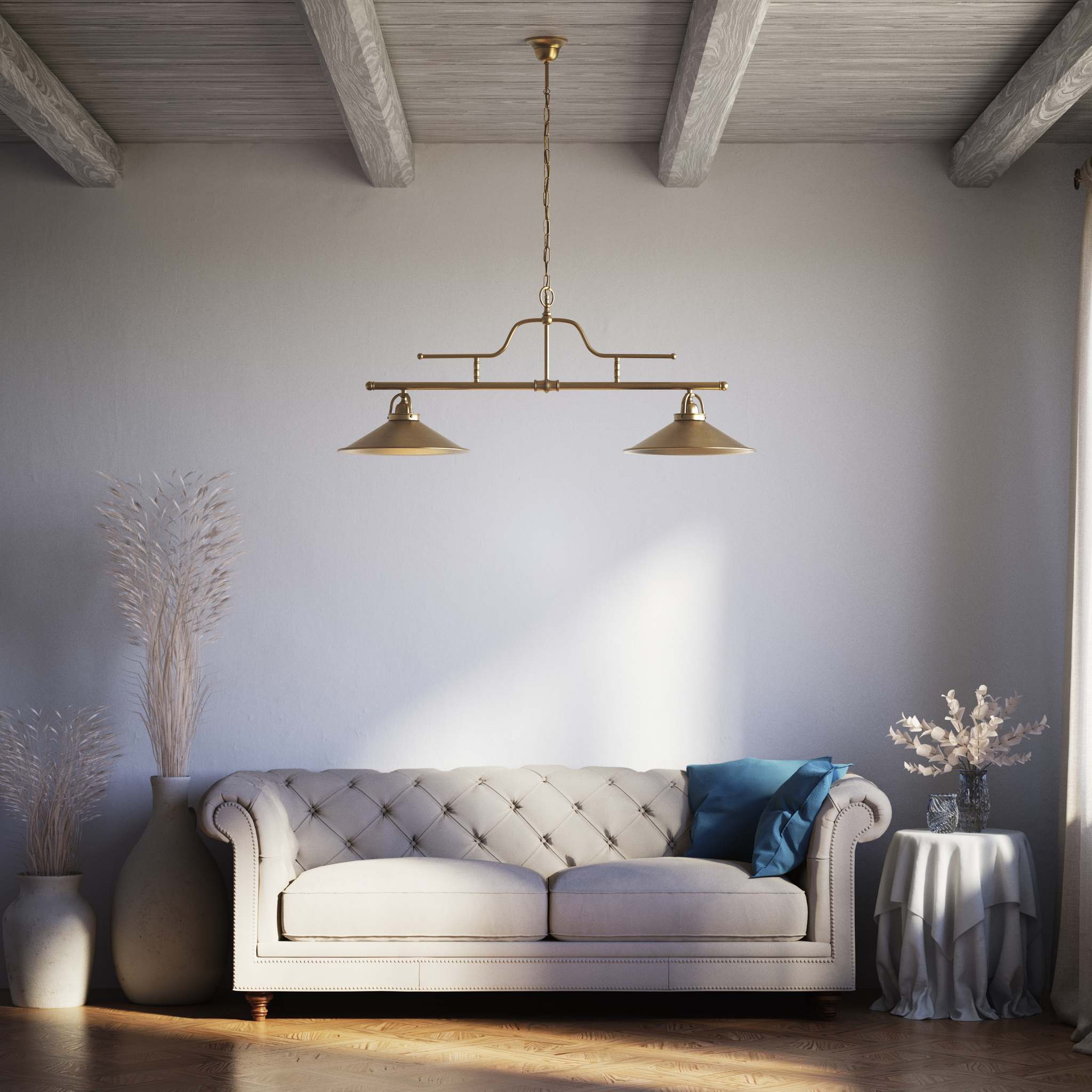 Vintage brass pendant lamp with two conical shades and chain, adjustable horizontal structure for tables and kitchen islands by Ghidini 1849 - Finish: OBS Bronze Satin Brass