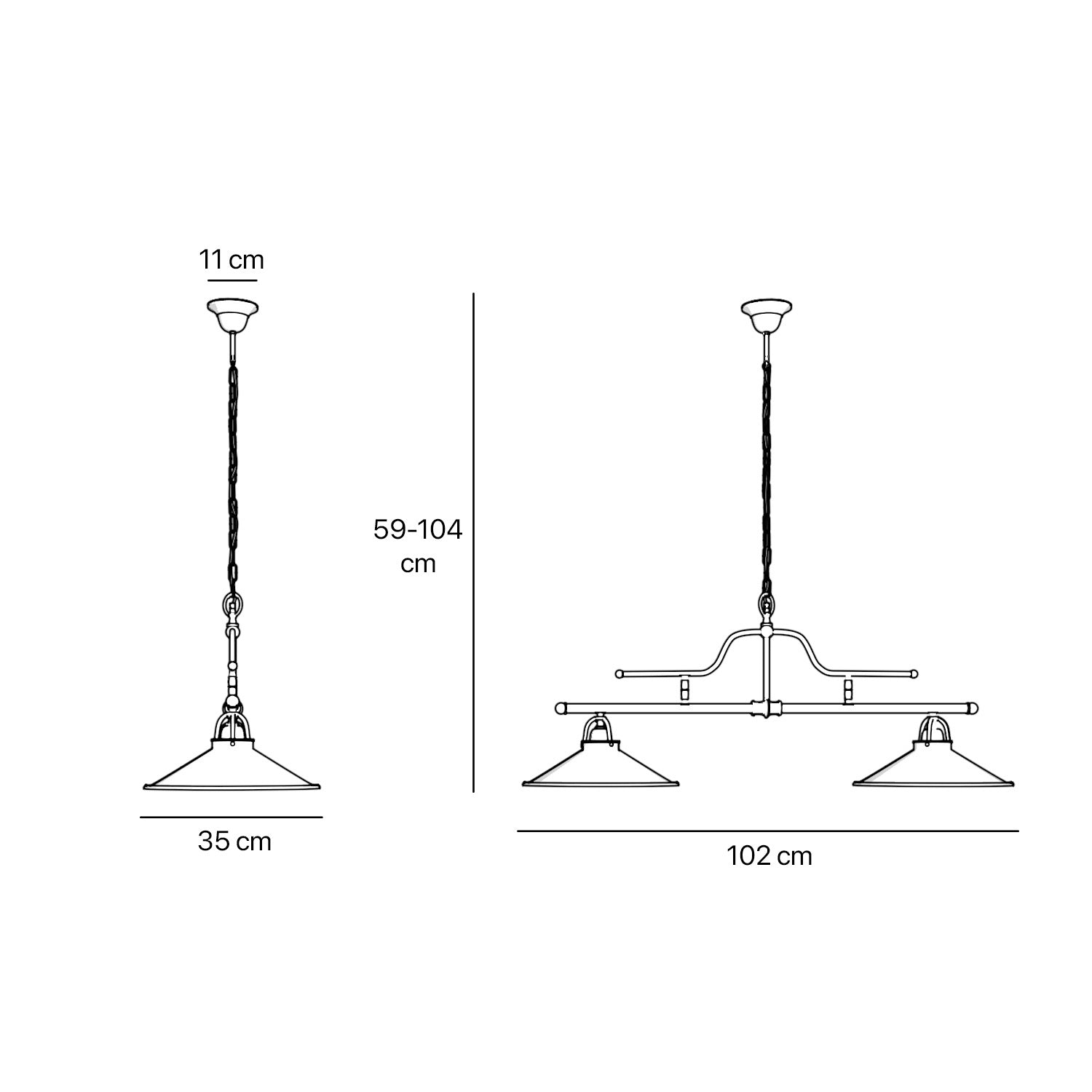 Vintage brass pendant lamp with two conical shades and chain, adjustable horizontal structure for tables and kitchen islands by Ghidini 1849