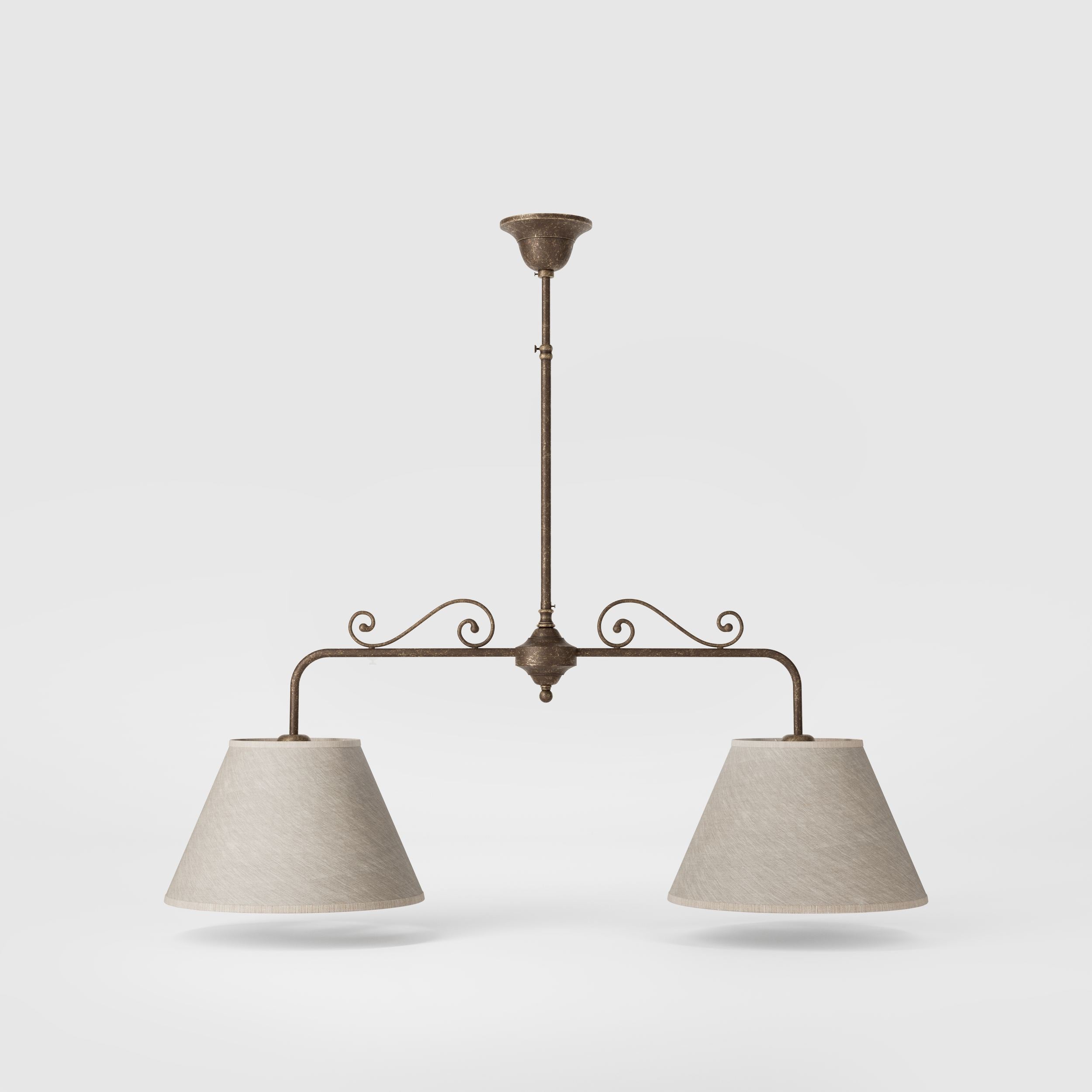 Brass balance pendant lamp with two linen-effect fabric shades and decorative scrolls bistro style Made in Italy by Ghidini 1849 - Finish: OAS Antique Brass
