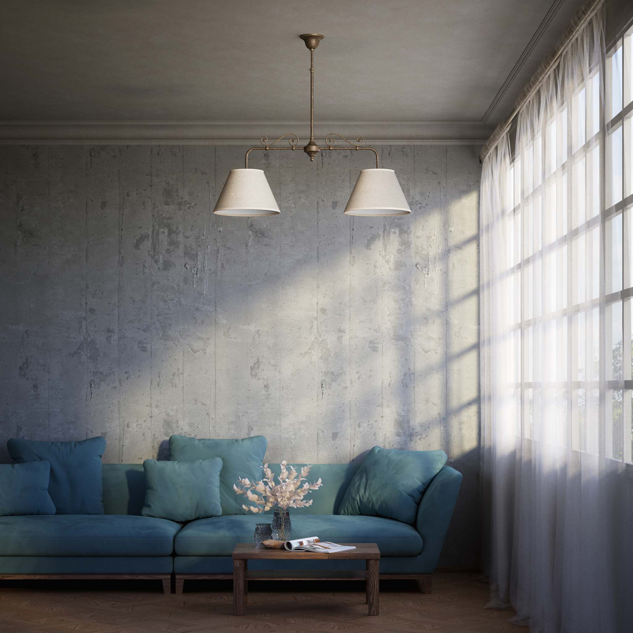 Brass balance pendant lamp with two linen-effect fabric shades and decorative scrolls bistro style Made in Italy by Ghidini 1849 - Finish: OAS Antique Brass