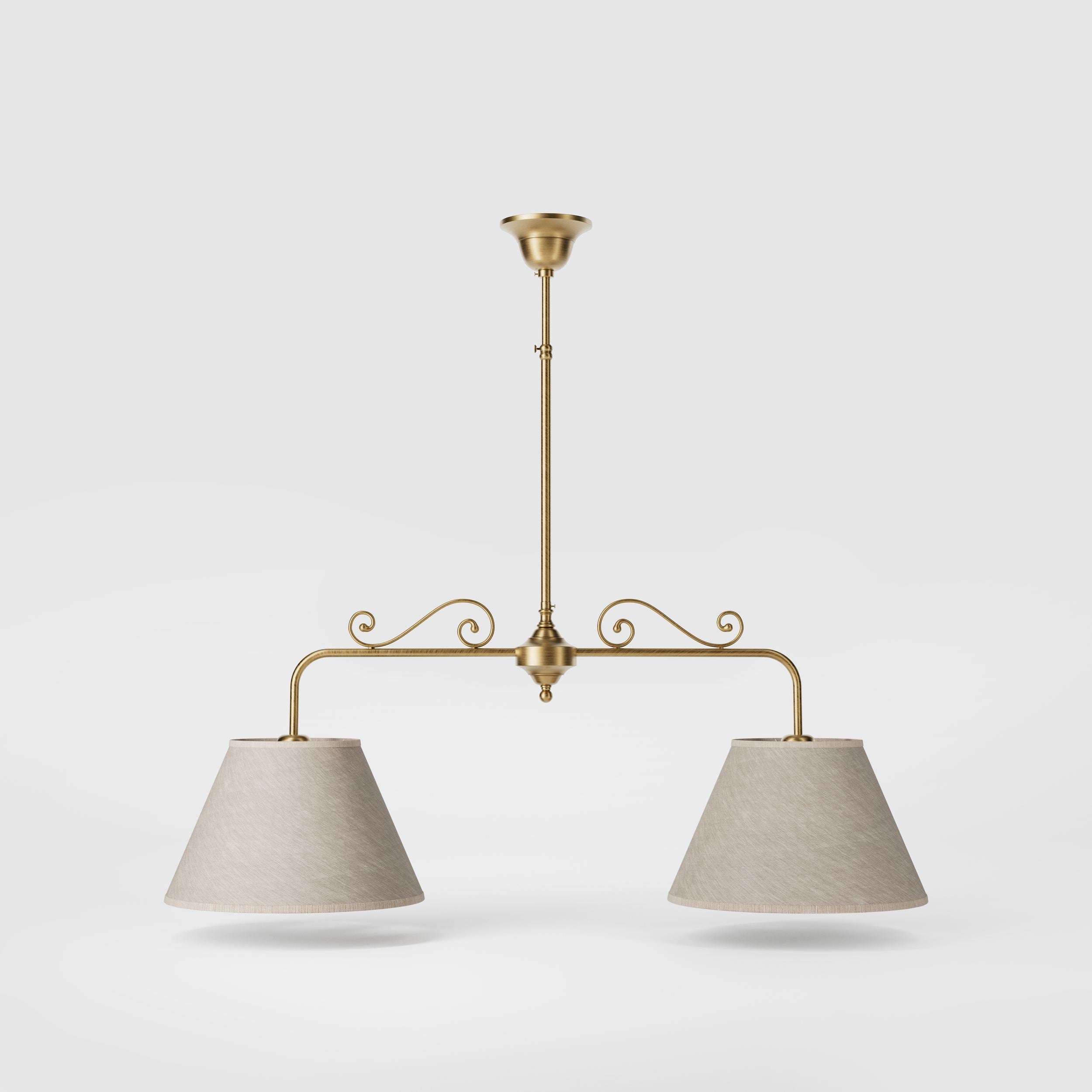 Brass balance pendant lamp with two linen-effect fabric shades and decorative scrolls bistro style Made in Italy by Ghidini 1849 - Finish: OBS Bronze Satin Brass