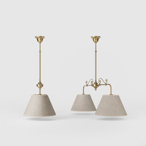 Brass balance pendant lamp with two linen-effect fabric shades and decorative scrolls bistro style Made in Italy by Ghidini 1849 - Finish: OBS Bronze Satin Brass