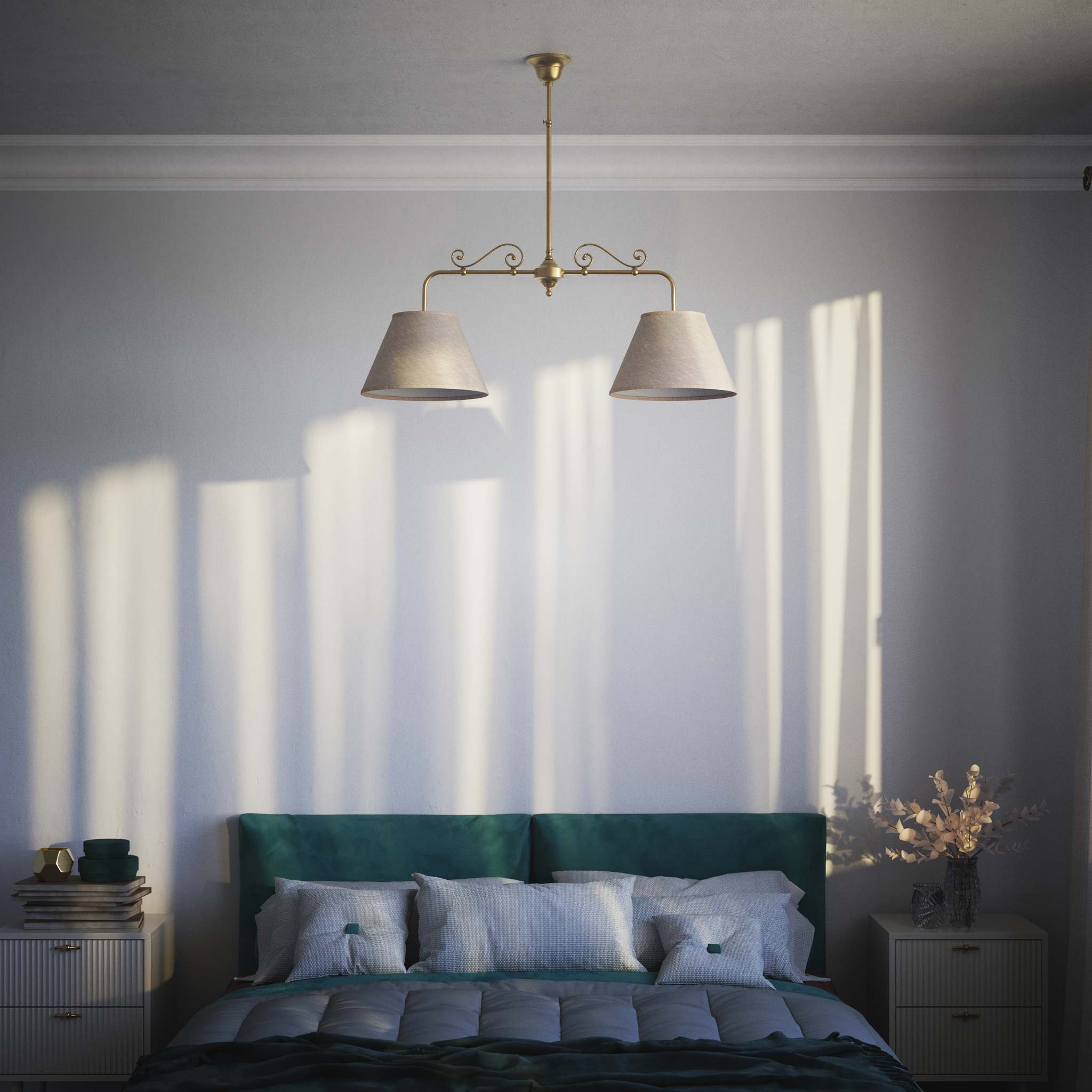 Brass balance pendant lamp with two linen-effect fabric shades and decorative scrolls bistro style Made in Italy by Ghidini 1849 - Finish: OBS Bronze Satin Brass