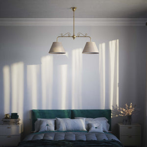 Brass balance pendant lamp with two linen-effect fabric shades and decorative scrolls bistro style Made in Italy by Ghidini 1849 - Finish: OBS Bronze Satin Brass