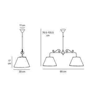 Brass balance pendant lamp with two linen-effect fabric shades and decorative scrolls bistro style Made in Italy by Ghidini 1849