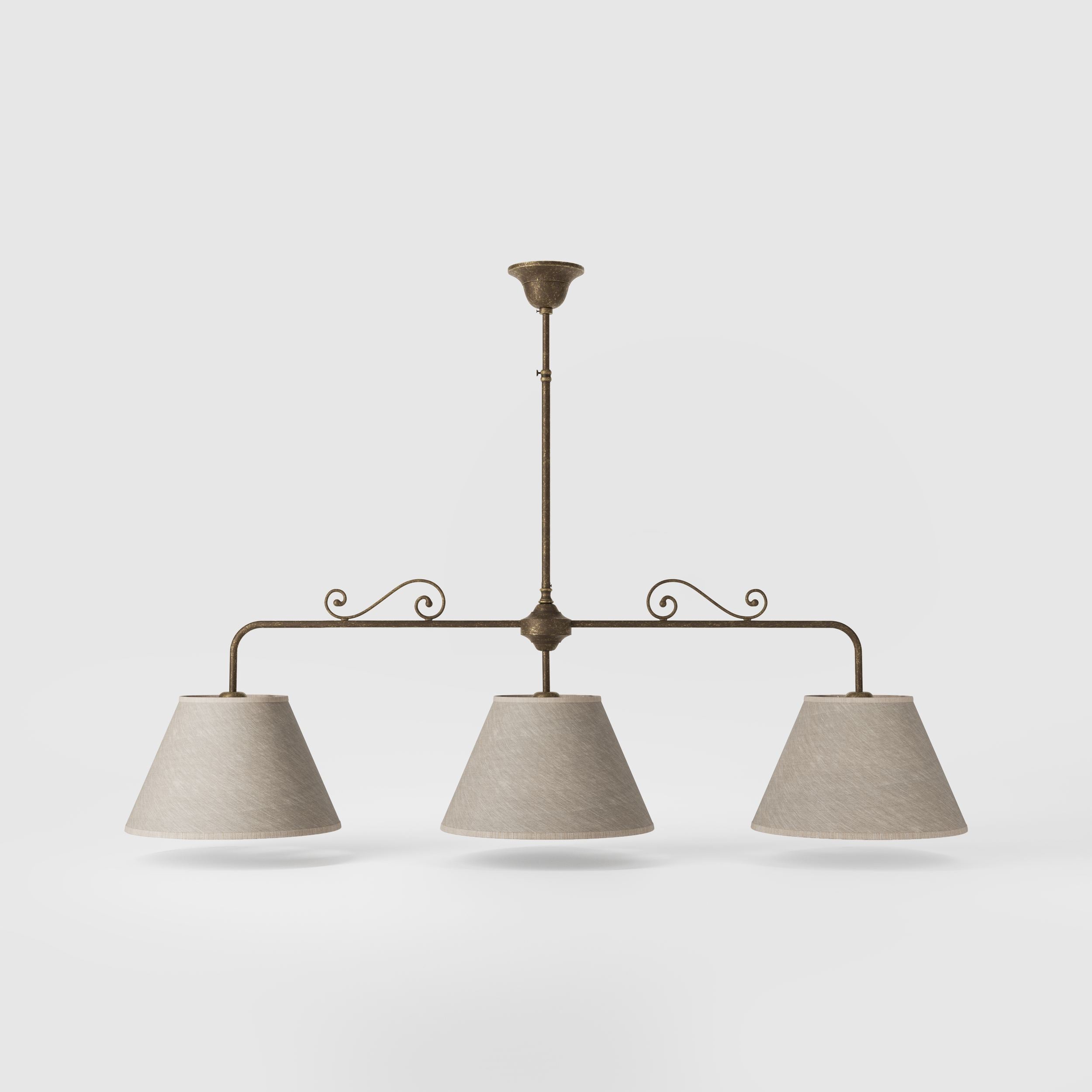 Brass balance pendant lamp with three linen-effect fabric shades and decorative scrolls classic style Made in Italy by Ghidini 1849 - Finish: OAS Antique Brass