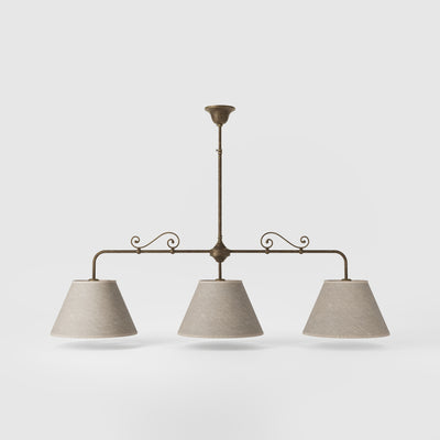 Brass balance pendant lamp with three linen-effect fabric shades and decorative scrolls classic style Made in Italy by Ghidini 1849 - Finish: OAS Antique Brass