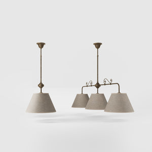 Brass balance pendant lamp with three linen-effect fabric shades and decorative scrolls classic style Made in Italy by Ghidini 1849 - Finish: OAS Antique Brass