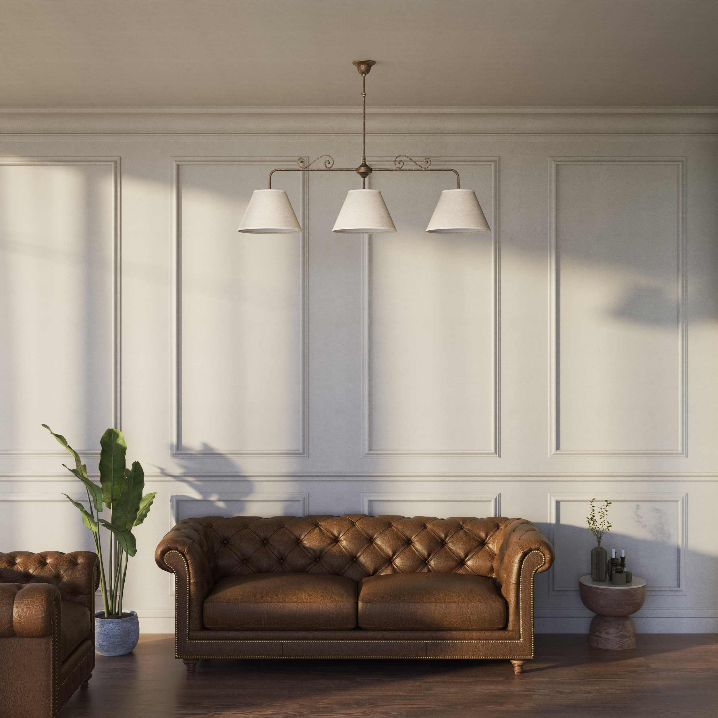 Brass balance pendant lamp with three linen-effect fabric shades and decorative scrolls classic style Made in Italy by Ghidini 1849 - Finish: OAS Antique Brass