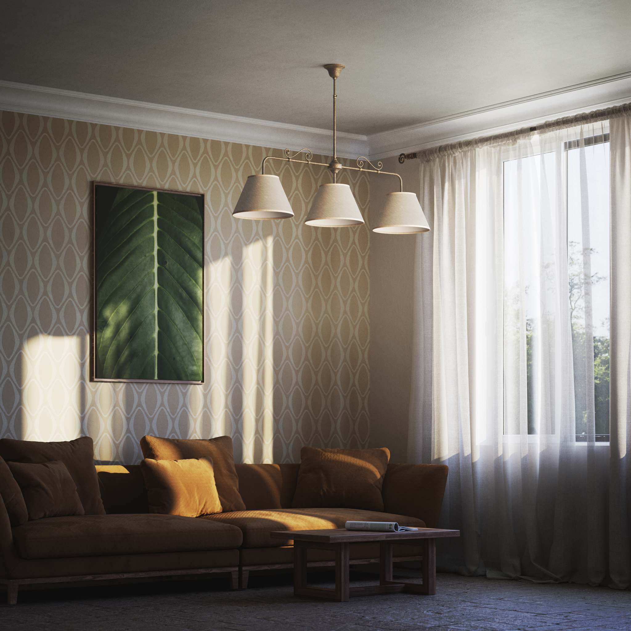 Brass balance pendant lamp with three linen-effect fabric shades and decorative scrolls classic style Made in Italy by Ghidini 1849 - Finish: OAS Antique Brass