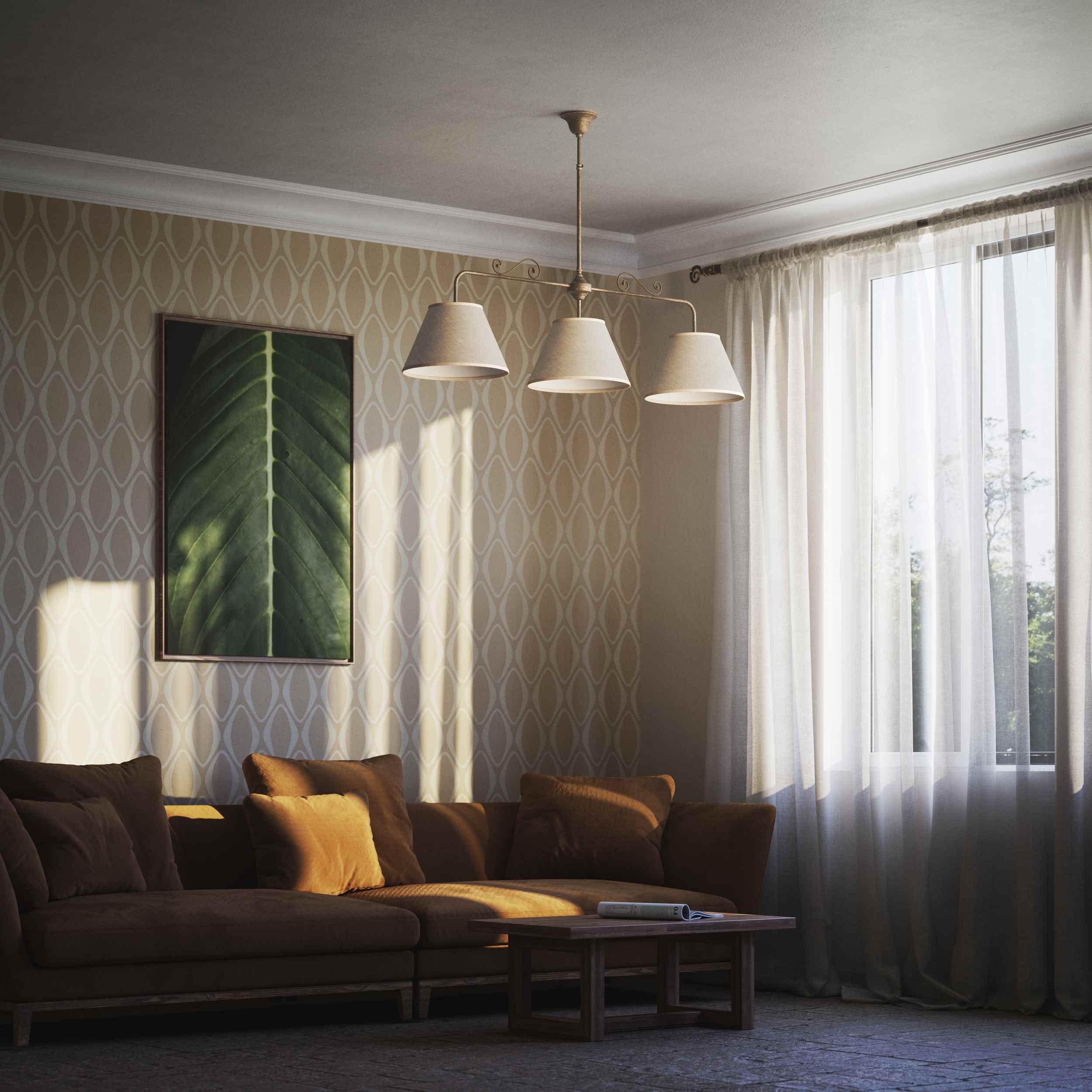 Brass balance pendant lamp with three linen-effect fabric shades and decorative scrolls classic style Made in Italy by Ghidini 1849 - Finish: OAS Antique Brass