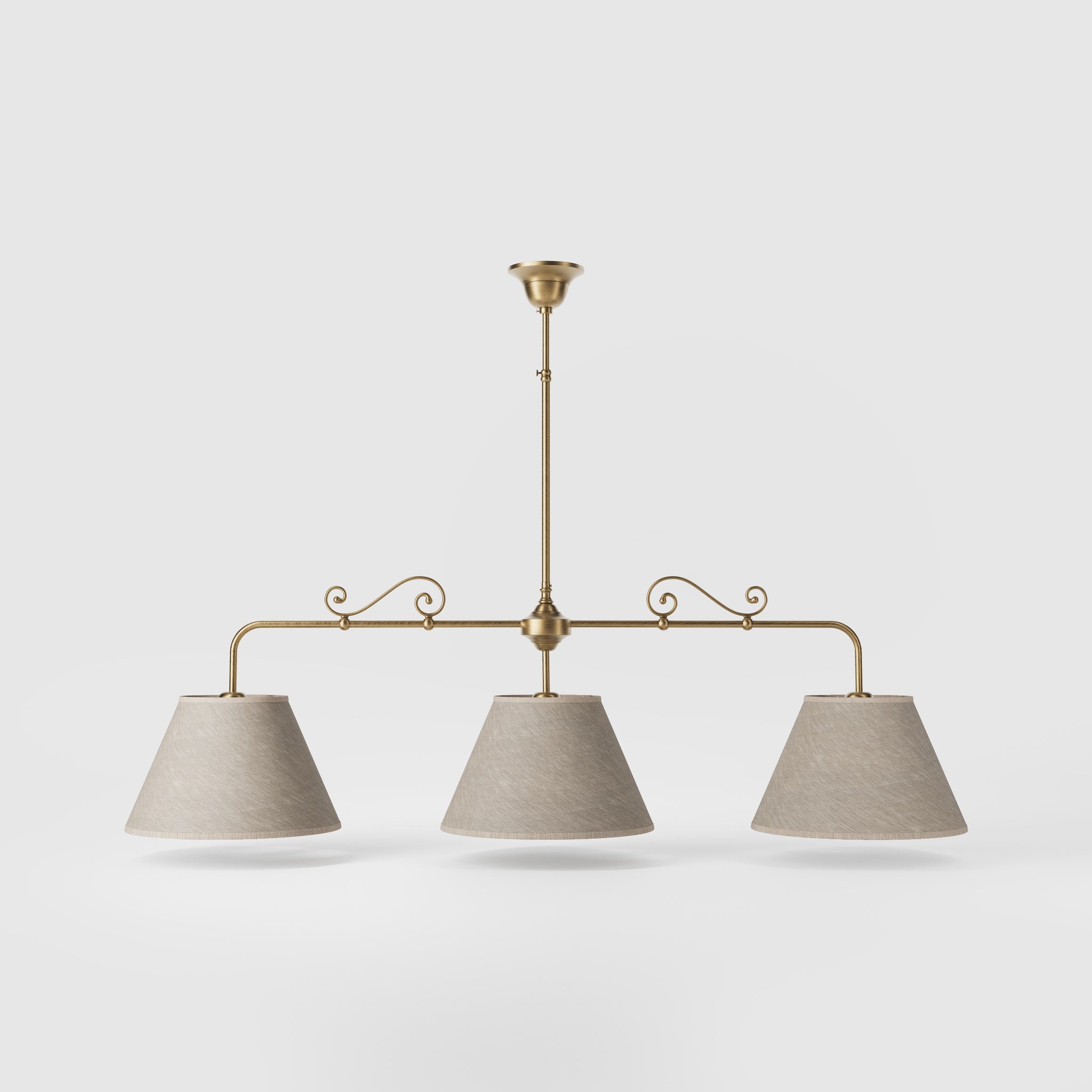 Brass balance pendant lamp with three linen-effect fabric shades and decorative scrolls classic style Made in Italy by Ghidini 1849 - Finish: OBS Bronze Satin Brass
