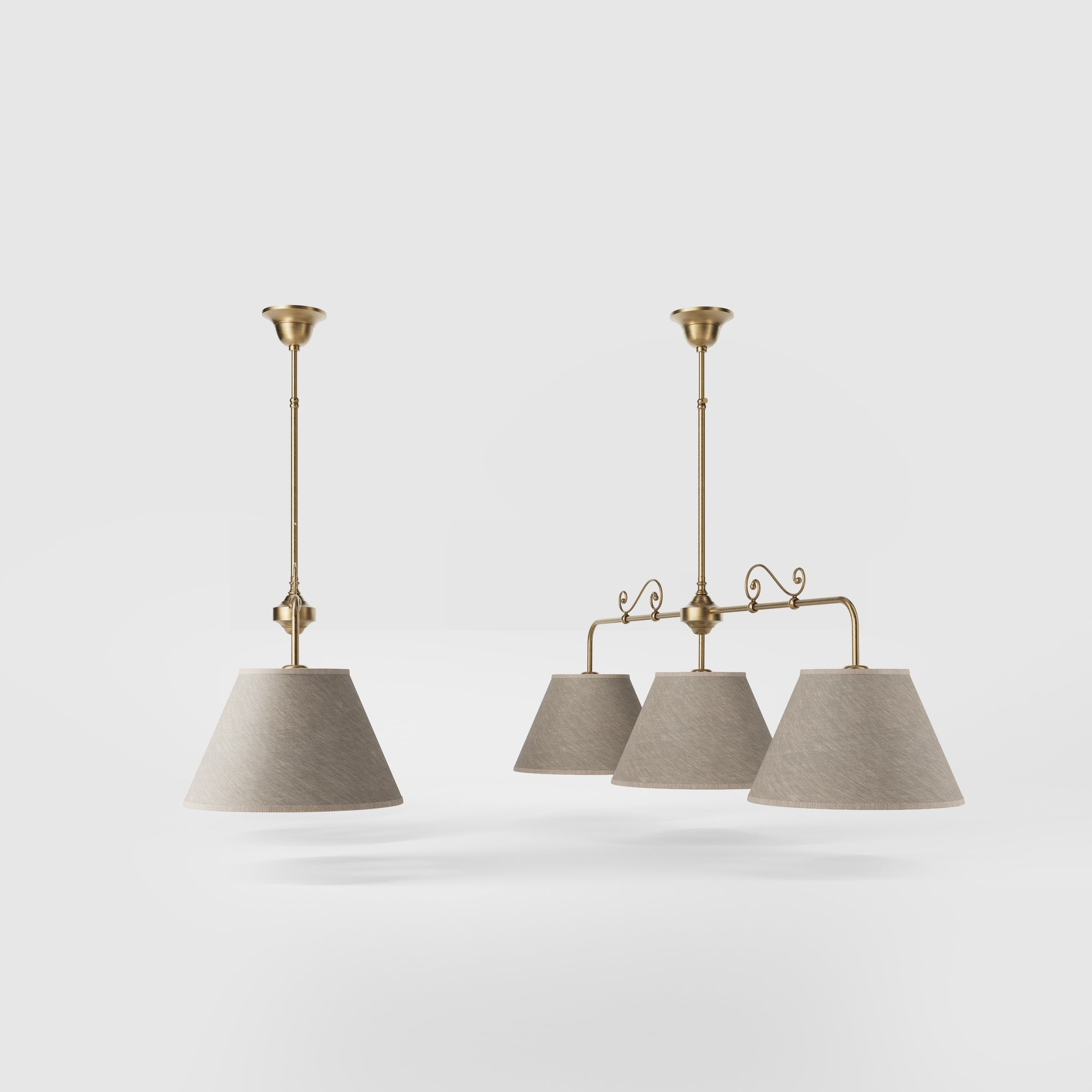 Brass balance pendant lamp with three linen-effect fabric shades and decorative scrolls classic style Made in Italy by Ghidini 1849 - Finish: OBS Bronze Satin Brass