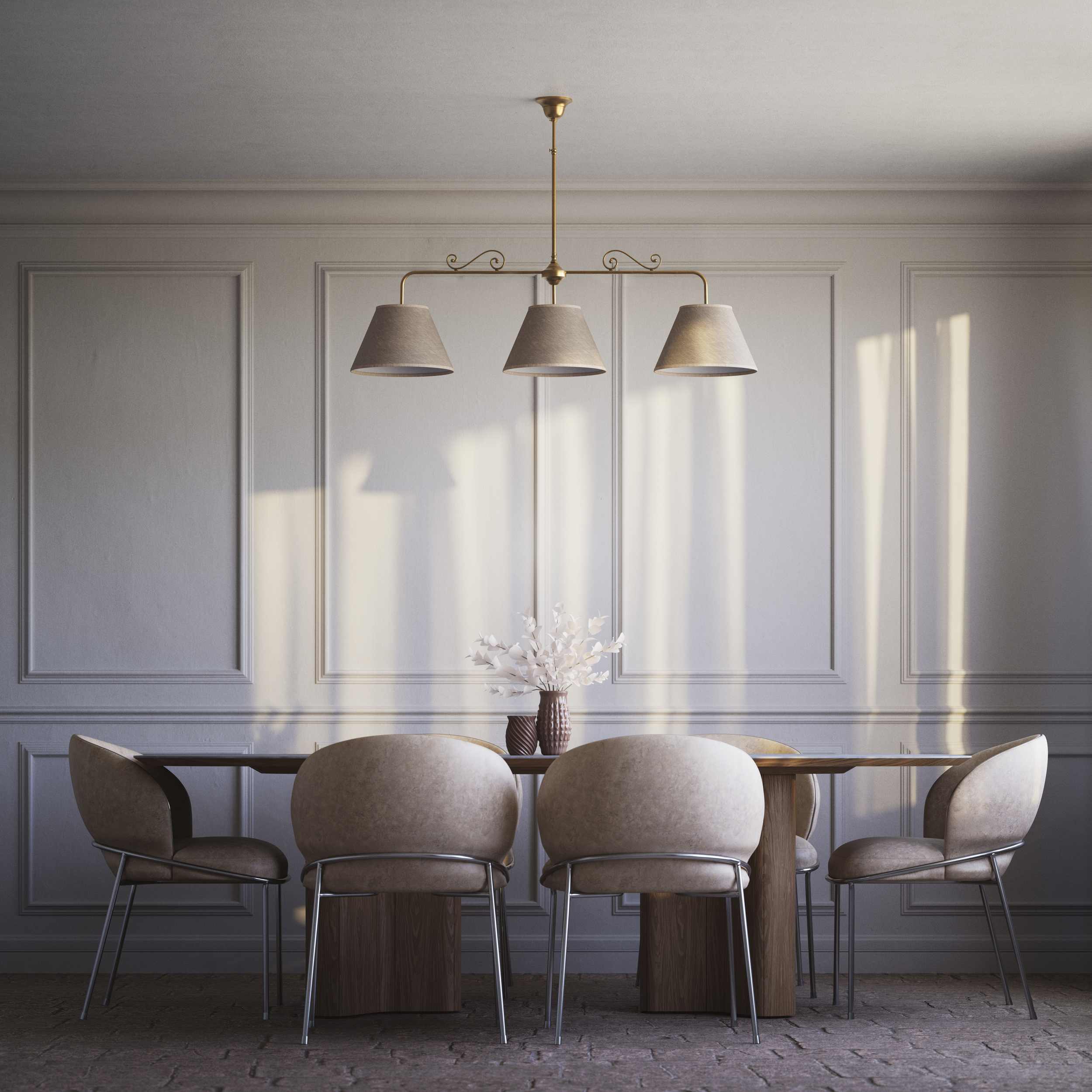 Brass balance pendant lamp with three linen-effect fabric shades and decorative scrolls classic style Made in Italy by Ghidini 1849 - Finish: OBS Bronze Satin Brass