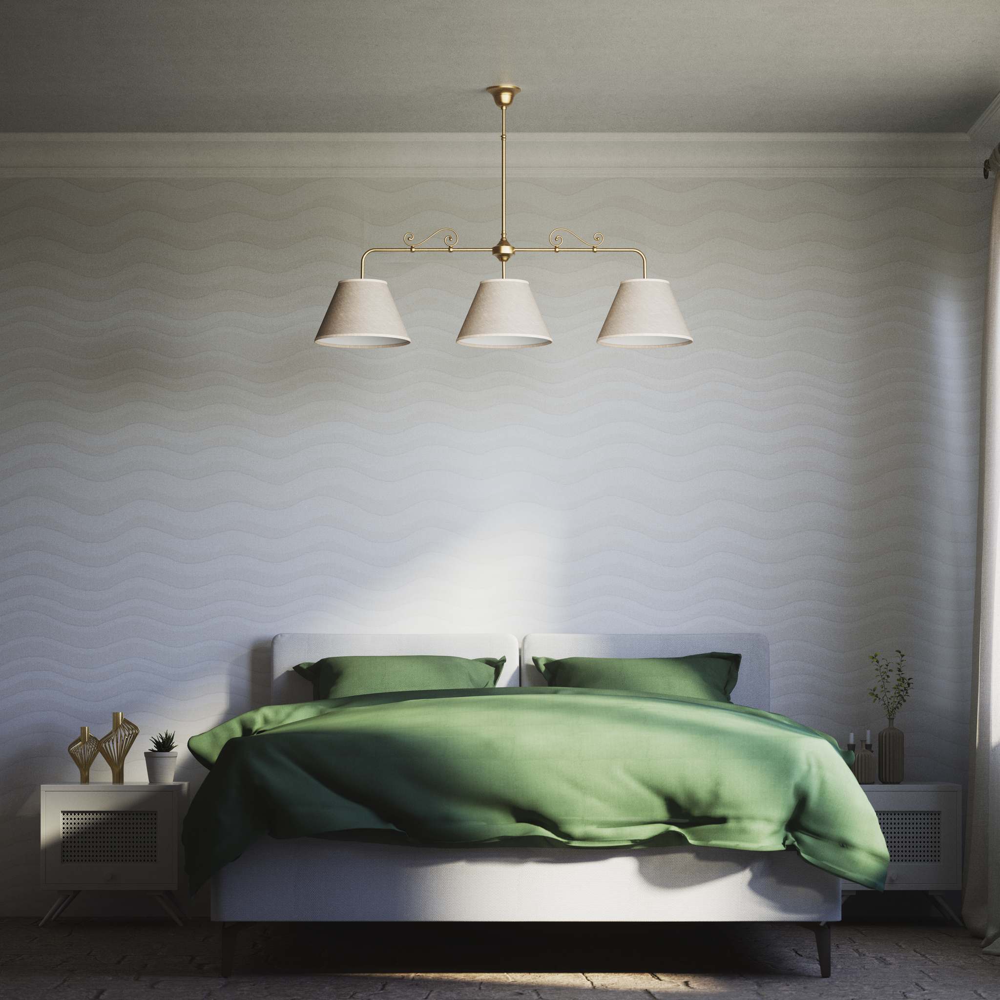 Brass balance pendant lamp with three linen-effect fabric shades and decorative scrolls classic style Made in Italy by Ghidini 1849 - Finish: OBS Bronze Satin Brass