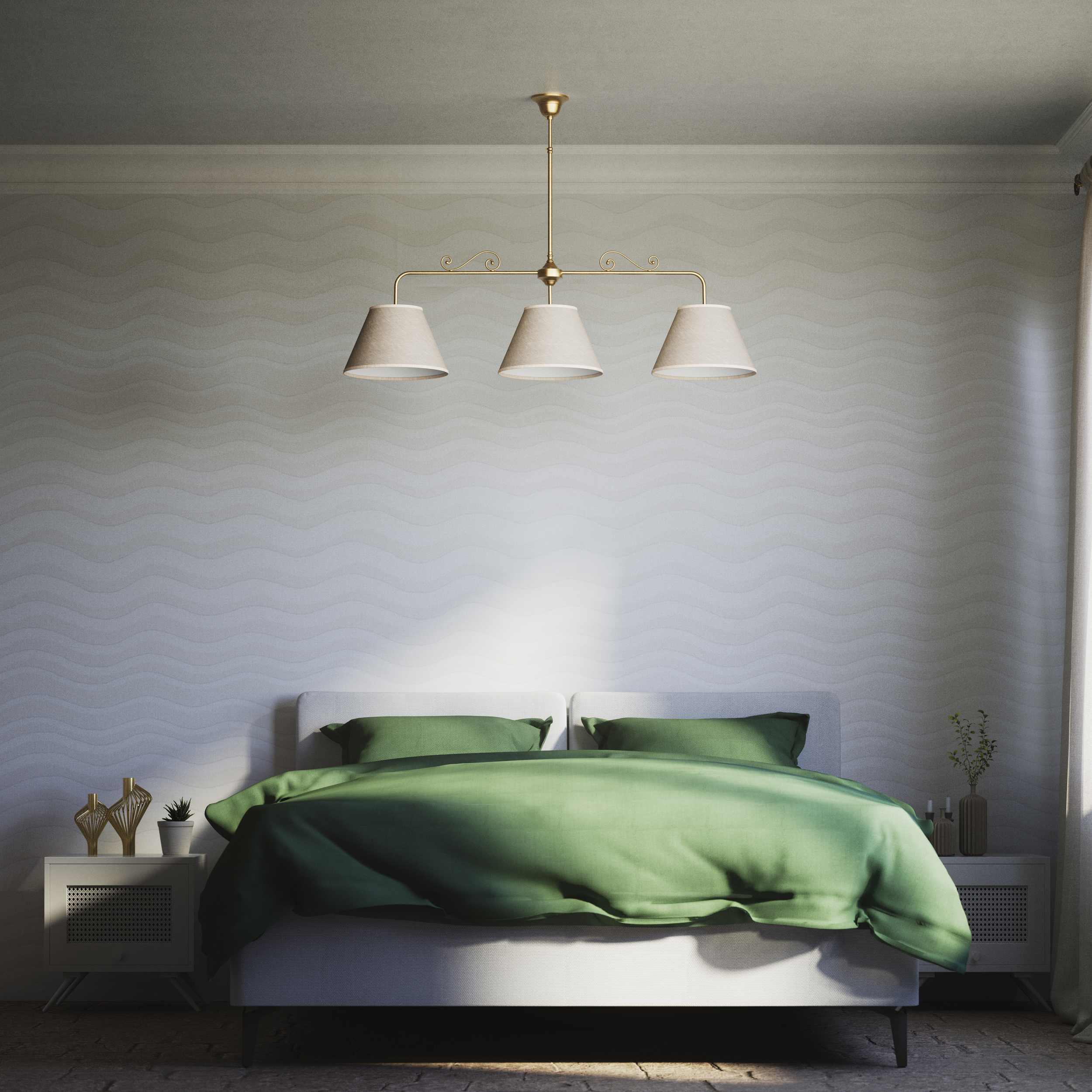 Brass balance pendant lamp with three linen-effect fabric shades and decorative scrolls classic style Made in Italy by Ghidini 1849 - Finish: OBS Bronze Satin Brass