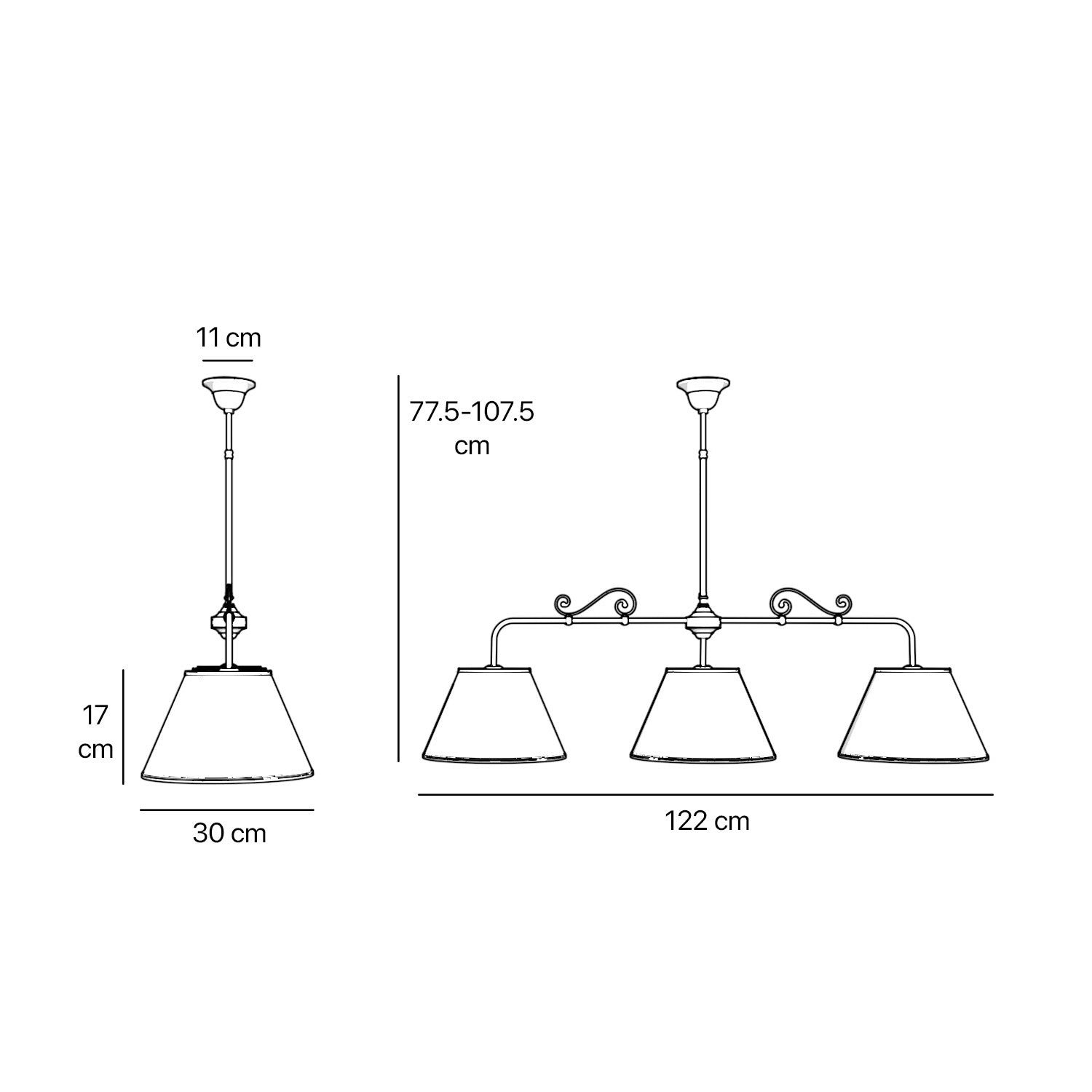 Brass balance pendant lamp with three linen-effect fabric shades and decorative scrolls classic style Made in Italy by Ghidini 1849