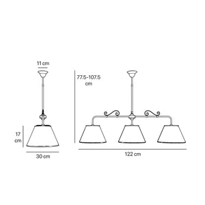 Brass balance pendant lamp with three linen-effect fabric shades and decorative scrolls classic style Made in Italy by Ghidini 1849