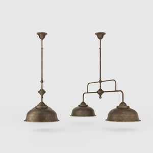 Industrial style pendant lamp in brass with two dome shades, vintage design Made in Italy from the Oslo collection by Ghidini 1849 - Finish: OAS Antique Brass