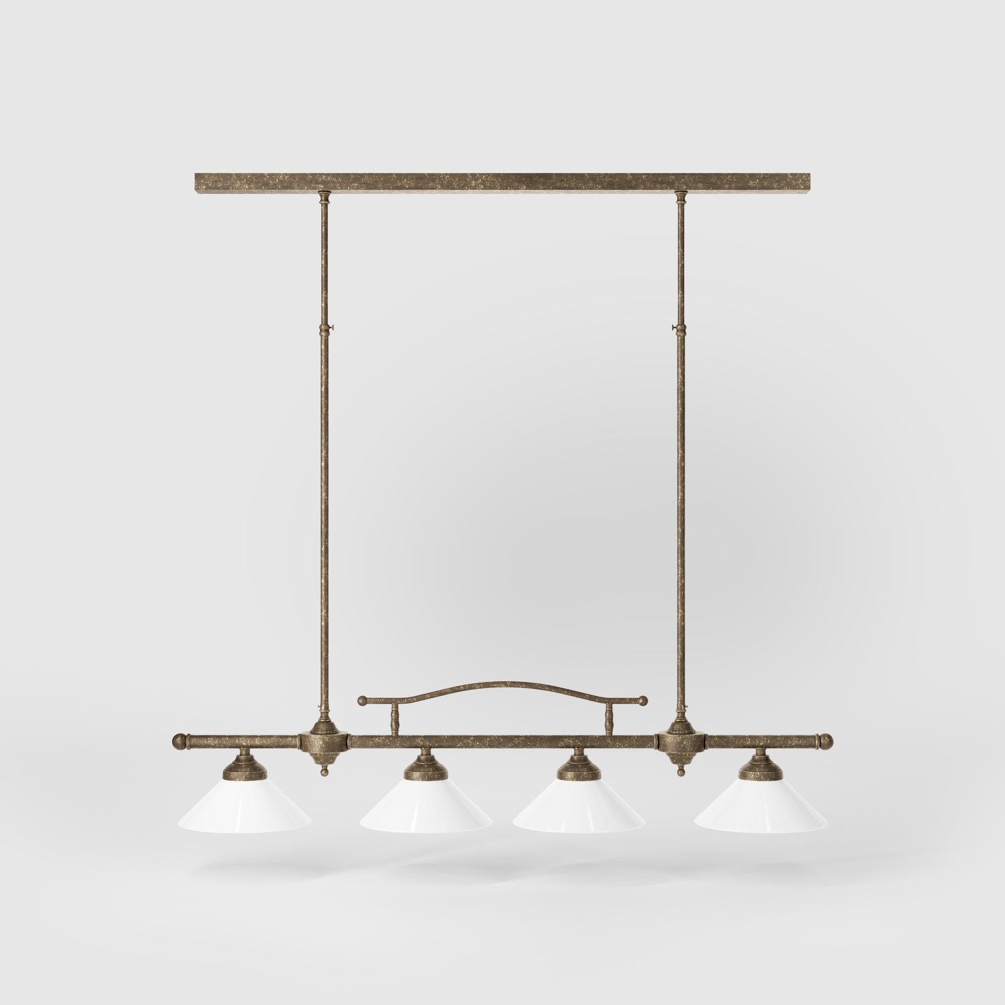 Linear pendant light with four brass supports and cone-shaped white glass shades, classic design for dining room and linear spaces, Sofia collection by Ghidini 1849 - Finish: OAS Antique Brass