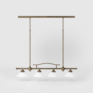 Linear pendant light with four brass supports and cone-shaped white glass shades, classic design for dining room and linear spaces, Sofia collection by Ghidini 1849 - Finish: OAS Antique Brass