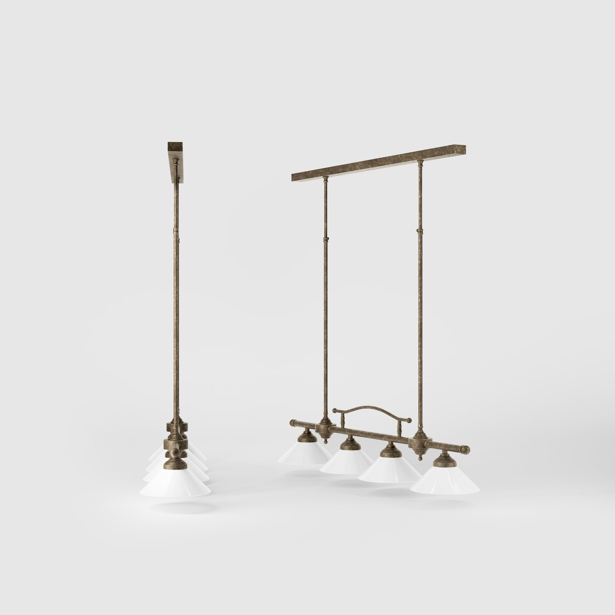 Linear pendant light with four brass supports and cone-shaped white glass shades, classic design for dining room and linear spaces, Sofia collection by Ghidini 1849 - Finish: OAS Antique Brass