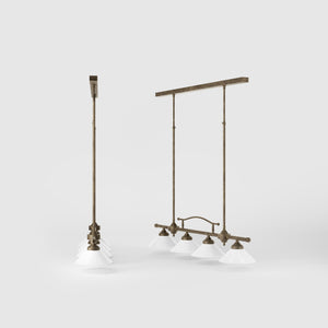 Linear pendant light with four brass supports and cone-shaped white glass shades, classic design for dining room and linear spaces, Sofia collection by Ghidini 1849 - Finish: OAS Antique Brass