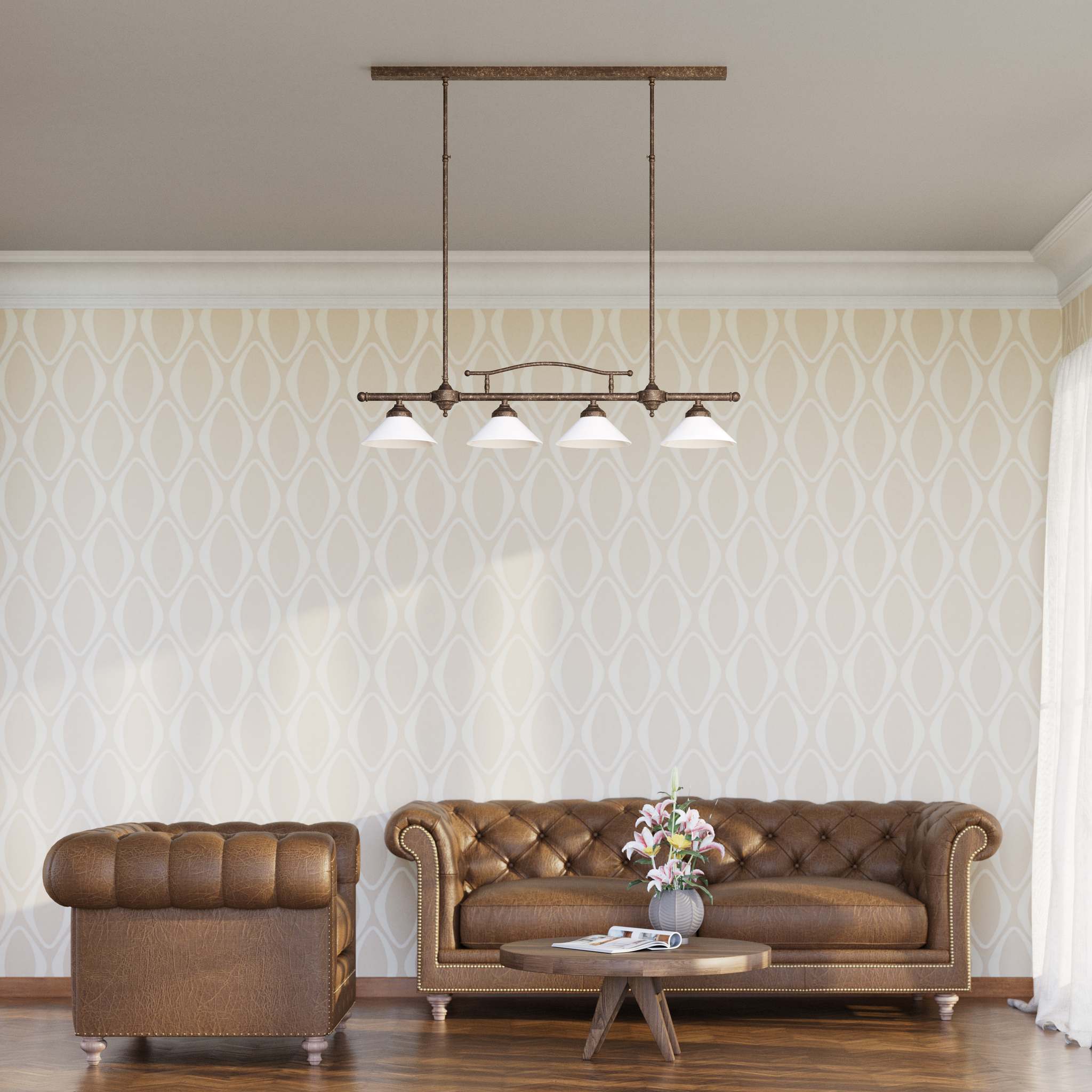 Linear pendant light with four brass supports and cone-shaped white glass shades, classic design for dining room and linear spaces, Sofia collection by Ghidini 1849 - Finish: OAS Antique Brass