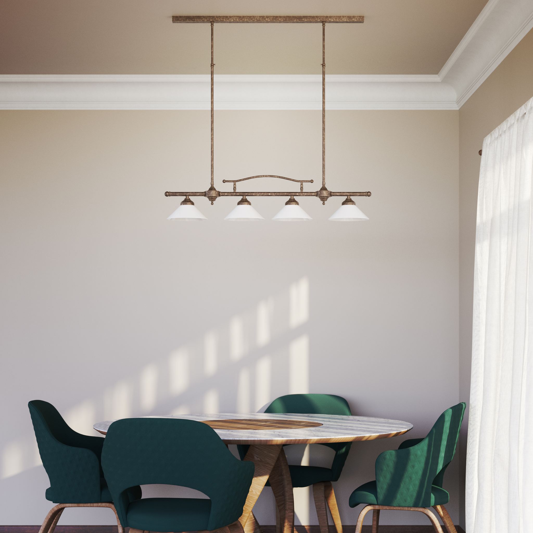 Linear pendant light with four brass supports and cone-shaped white glass shades, classic design for dining room and linear spaces, Sofia collection by Ghidini 1849 - Finish: OAS Antique Brass