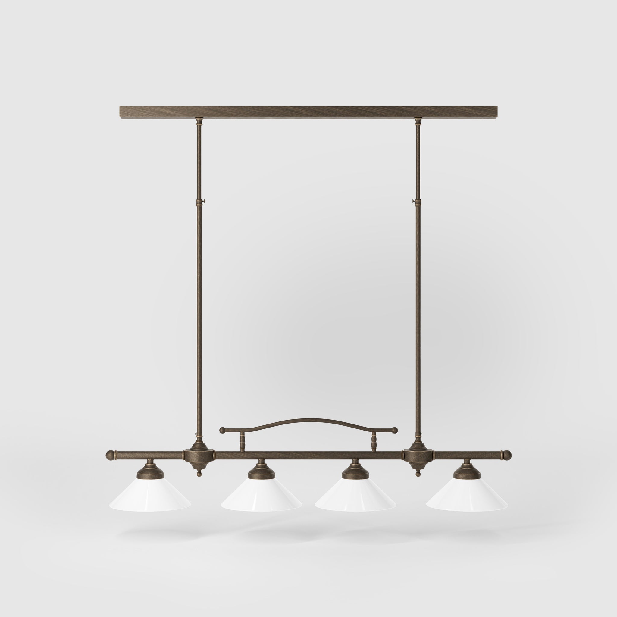 Linear pendant light with four brass supports and cone-shaped white glass shades, classic design for dining room and linear spaces, Sofia collection by Ghidini 1849 - Finish: OBM Bronze Satin Matt Brass