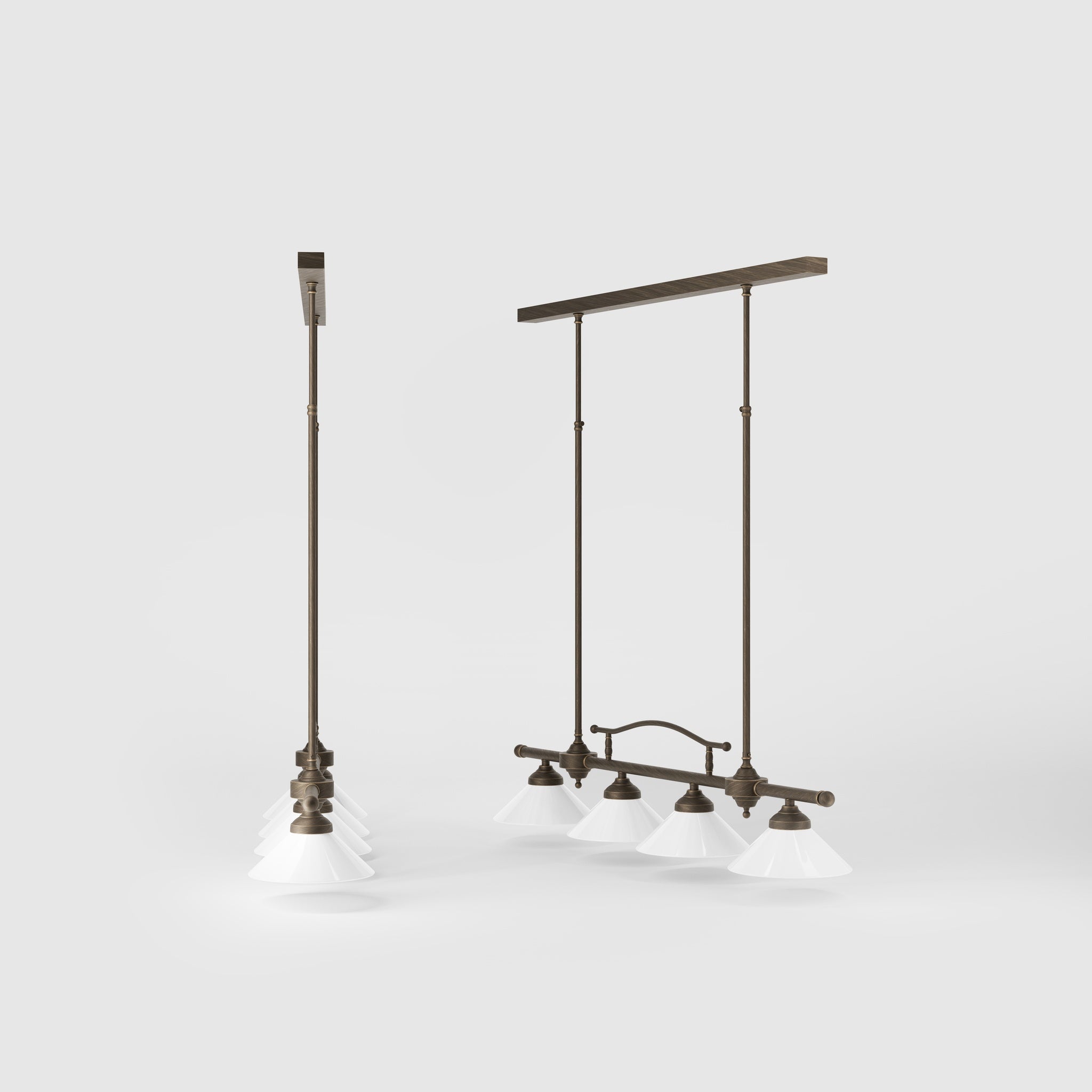 Linear pendant light with four brass supports and cone-shaped white glass shades, classic design for dining room and linear spaces, Sofia collection by Ghidini 1849 - Finish: OBM Bronze Satin Matt Brass