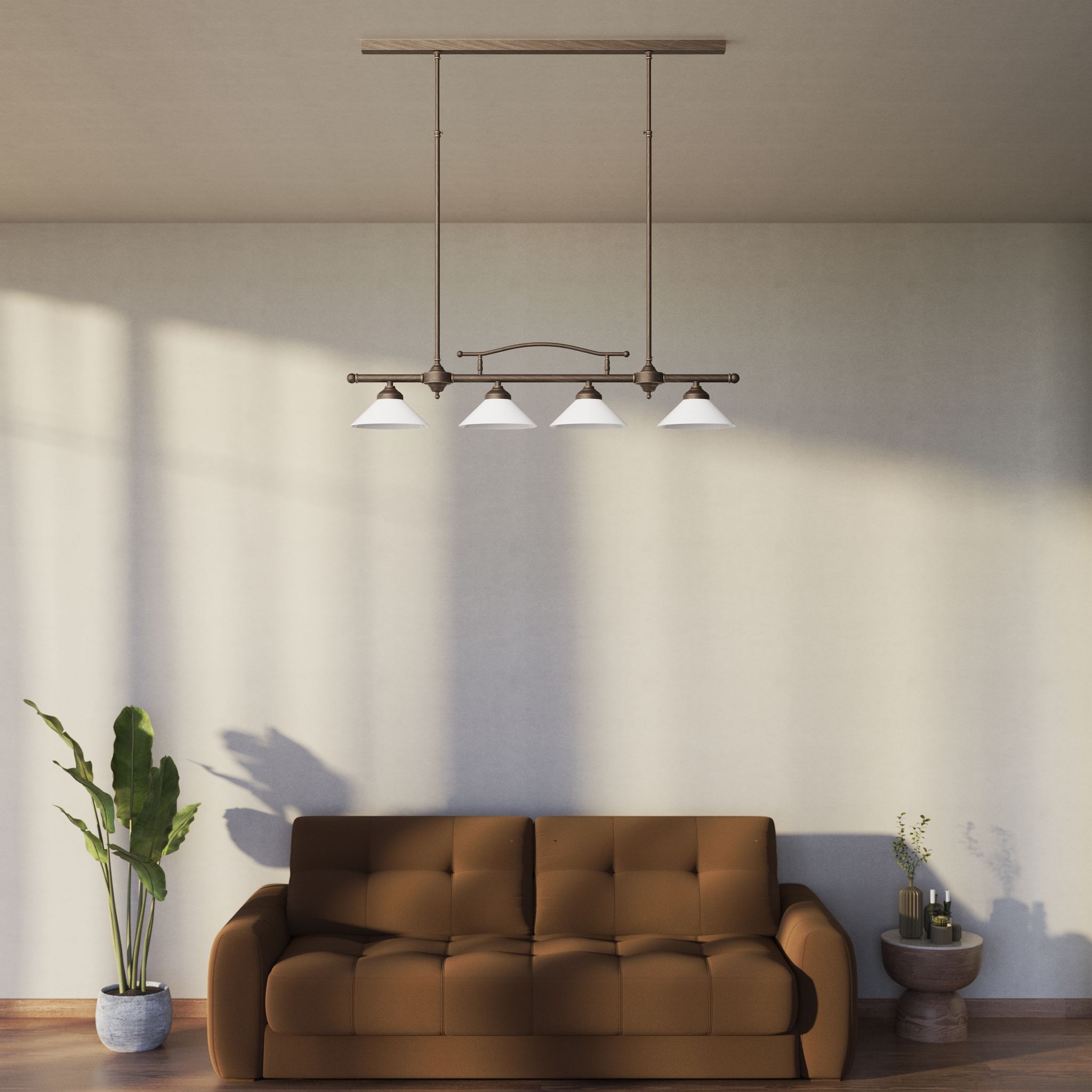 Linear pendant light with four brass supports and cone-shaped white glass shades, classic design for dining room and linear spaces, Sofia collection by Ghidini 1849 - Finish: OBM Bronze Satin Matt Brass