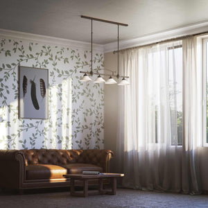 Linear pendant light with four brass supports and cone-shaped white glass shades, classic design for dining room and linear spaces, Sofia collection by Ghidini 1849 - Finish: OBM Bronze Satin Matt Brass