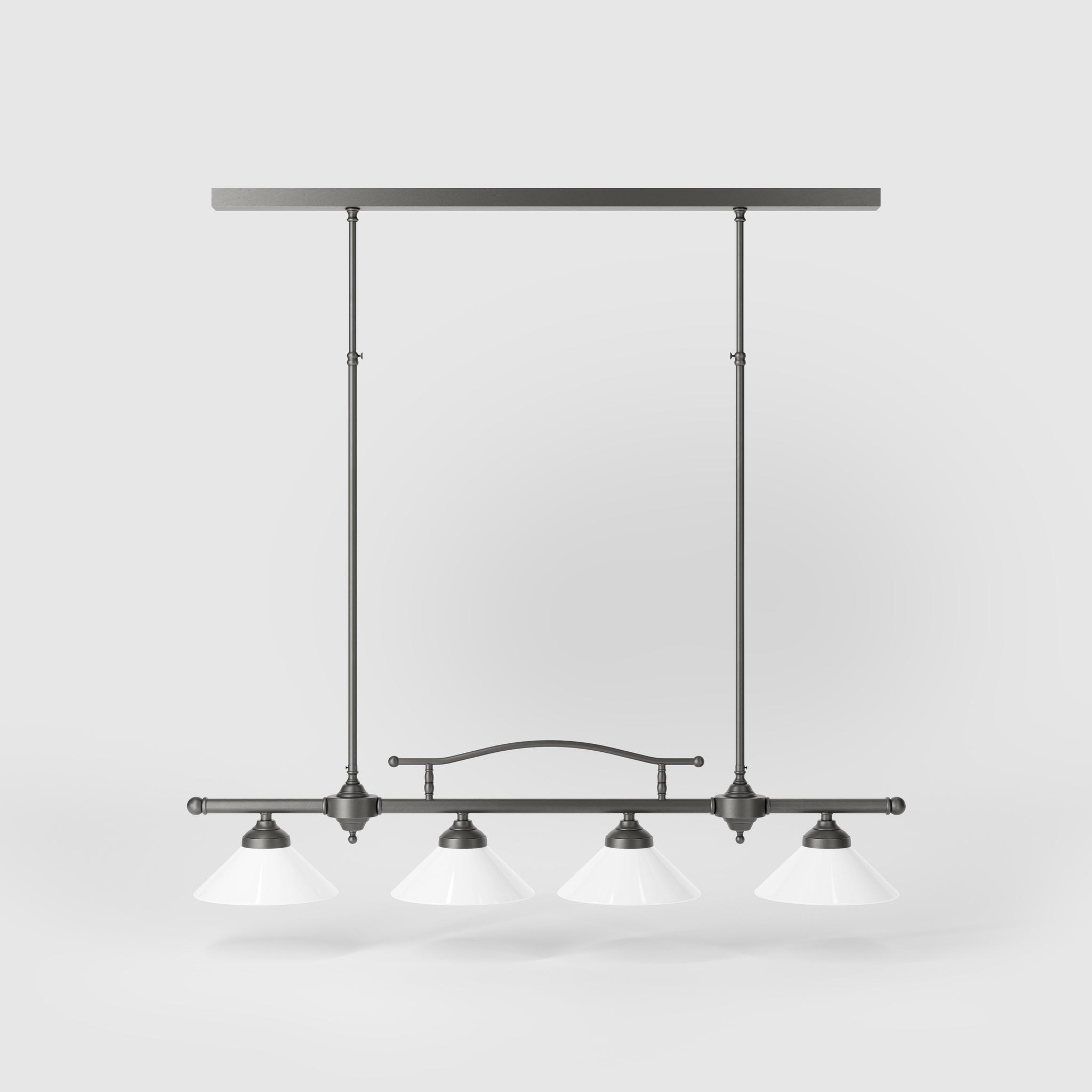 Linear pendant light with four brass supports and cone-shaped white glass shades, classic design for dining room and linear spaces, Sofia collection by Ghidini 1849 - Finish: OBR Dark Bronze