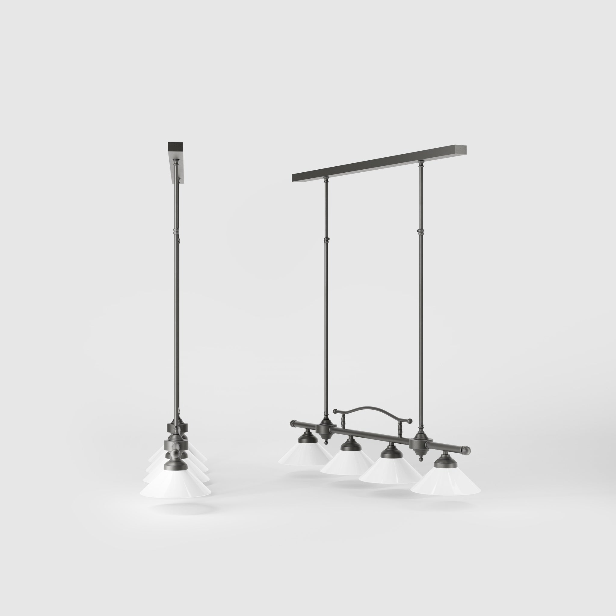 Linear pendant light with four brass supports and cone-shaped white glass shades, classic design for dining room and linear spaces, Sofia collection by Ghidini 1849 - Finish: OBR Dark Bronze