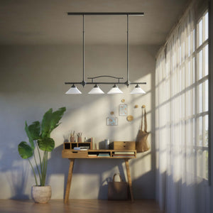 Linear pendant light with four brass supports and cone-shaped white glass shades, classic design for dining room and linear spaces, Sofia collection by Ghidini 1849 - Finish: OBR Dark Bronze