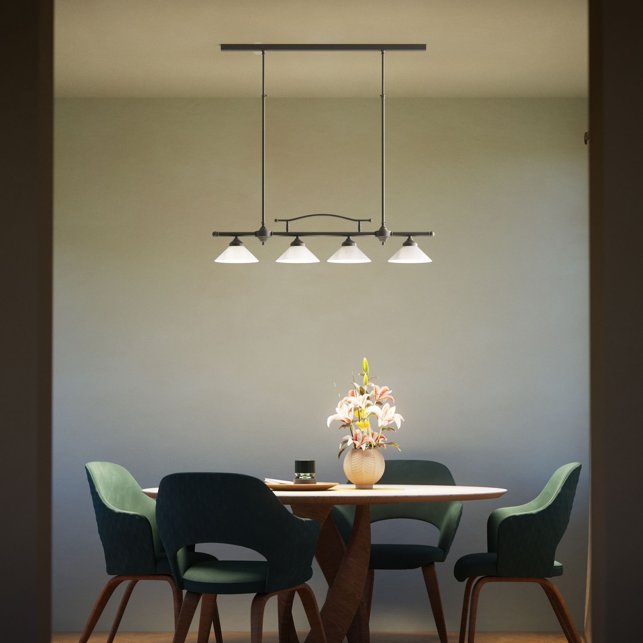 Linear pendant light with four brass supports and cone-shaped white glass shades, classic design for dining room and linear spaces, Sofia collection by Ghidini 1849 - Finish: OBR Dark Bronze