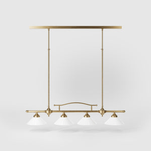 Linear pendant light with four brass supports and cone-shaped white glass shades, classic design for dining room and linear spaces, Sofia collection by Ghidini 1849 - Finish: OBS Bronze Satin Brass